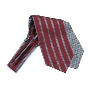 Men's Cravat Ascot‎ Maroon Grey Striped Reversible 100%silk A139 New in Box